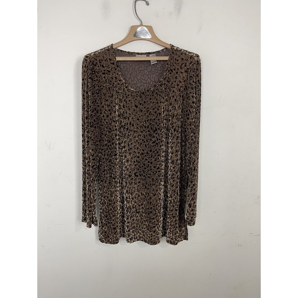 Chicos Brown Leopard Burnout Velvet Tunic Top Long Sleeve Scoop Neck Size 2 L